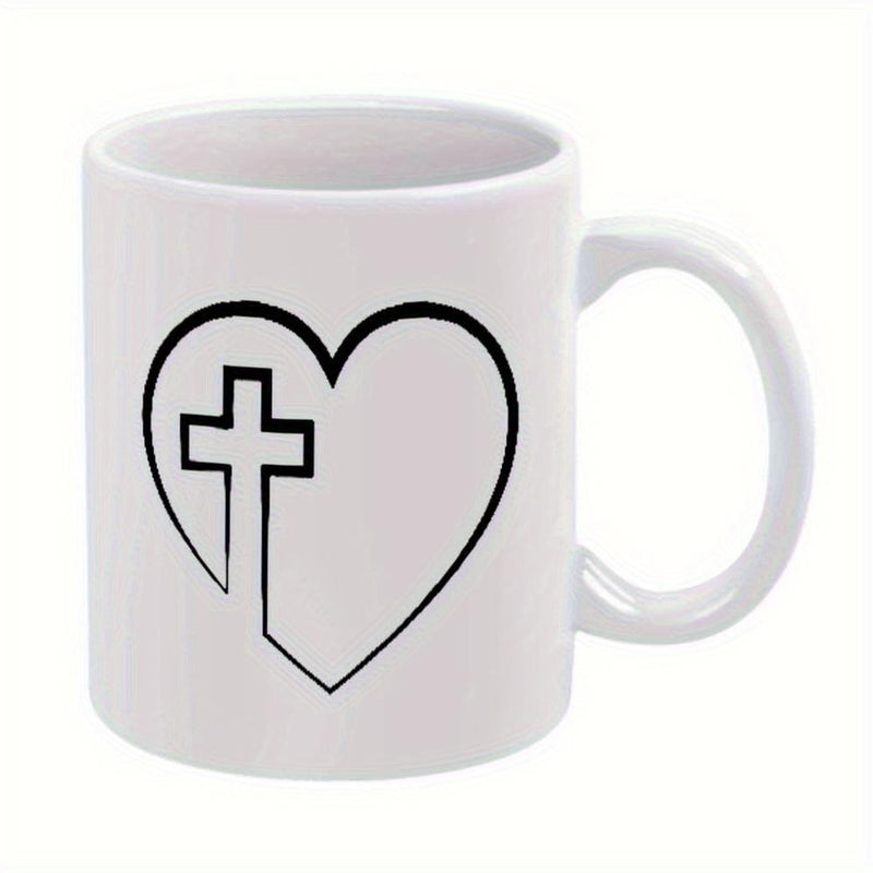 Tailorly White Ceramic 11 oz Mug - Simple Minimalist Black Line Drawing Featuring A Religious Christian Cross Heart