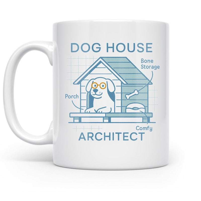 Tailorly White Ceramic 11 oz Mug - Dog House Bone Storage Porch Comfy Architect Detailed Blue Line Illustration Featuring A Puppy In A Wooden House Dog
