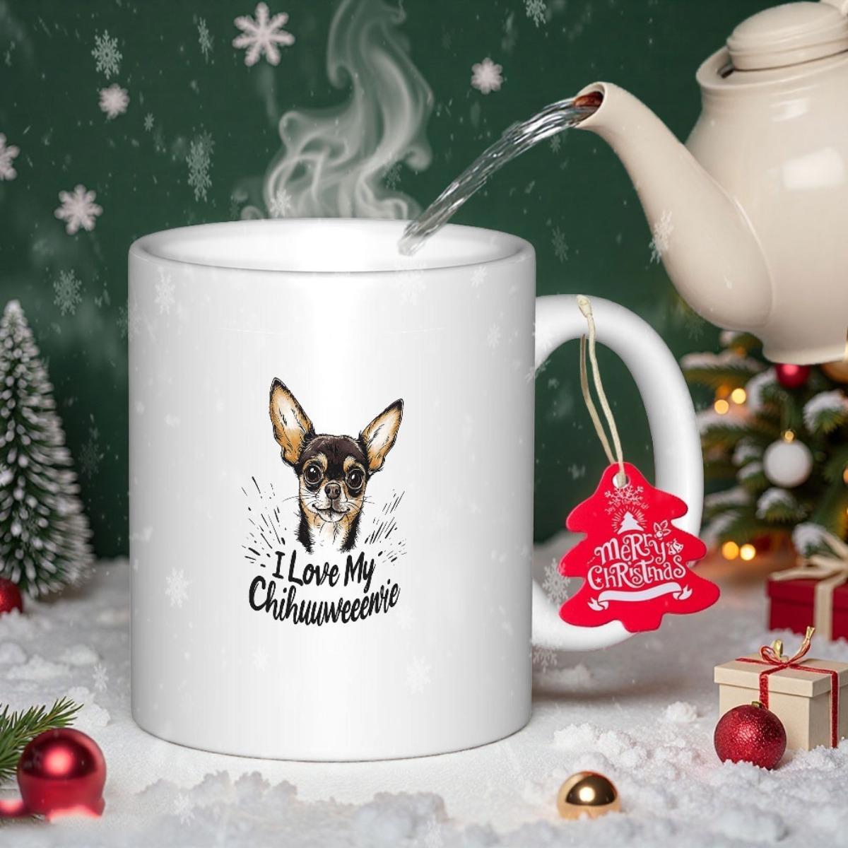 Tailorly White Ceramic 11 oz Mug - I Love My Chiweenie Adorable Small Brown Dog Illustration With Pointy Ears And Kind Eyes Chiweenie