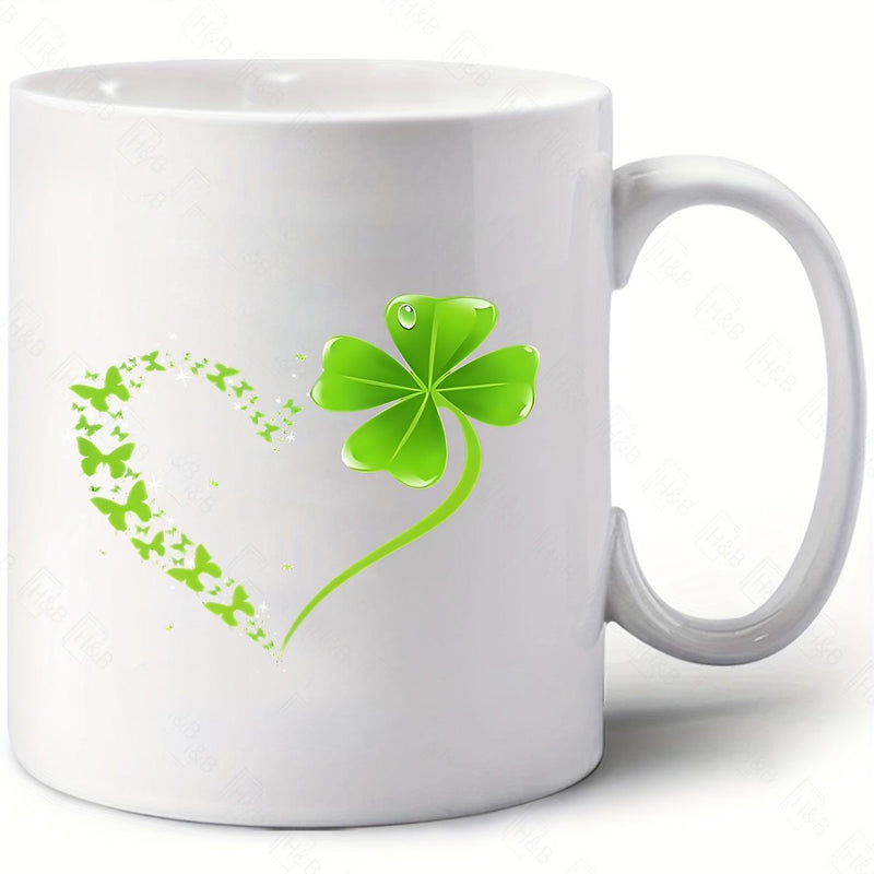 Tailorly White Ceramic 11 oz Mug - Vibrant Green Four Leaf Clover Forming A Heart With Flying Butterflies Clover