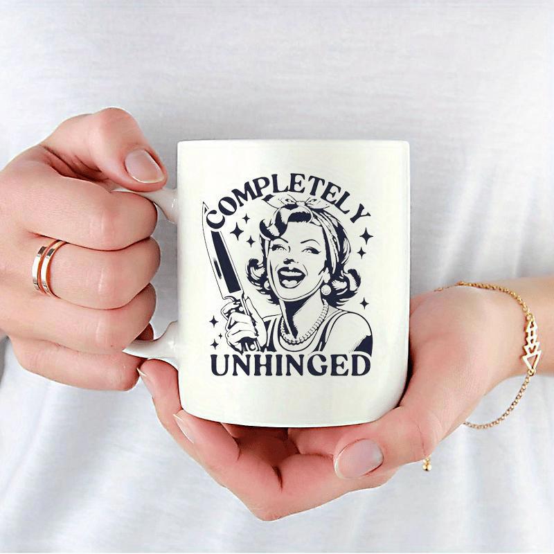 Tailorly White Ceramic 11 oz Mug - Completely Unhinged Vintage Pop Art Style Woman Holding A Large Knife Among Stars Woman