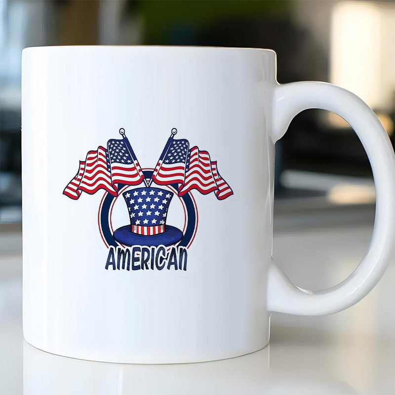 Tailorly White Ceramic 11 oz Mug - American Patriotic Stars And Stripes Themed Top Hat With Crossed American Flag