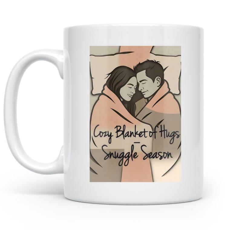 Tailorly White Ceramic 11 oz Mug - Cozy Blanket Of Hugs Snuggle Season Couple Wrapped In Warm Blanket Resting Comfortably Together On Pillows Couple