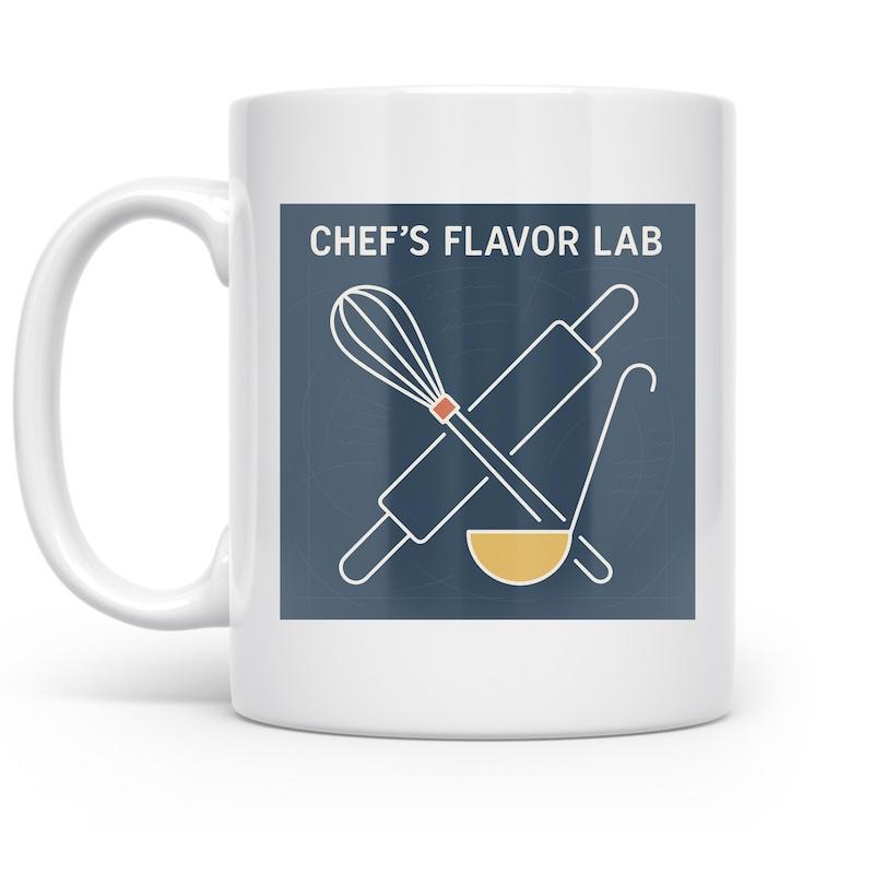 Tailorly White Ceramic 11 oz Mug - Chefs Flavor Lab Minimalist Line Art Kitchen Utensils With Rolling Pin Whisk Ladle Kitchenware
