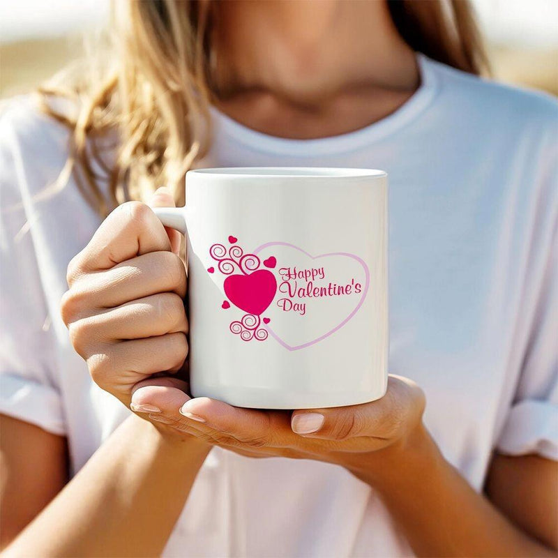 Tailorly White Ceramic 11 oz Mug - Happy Valentine's Day Romantic Pink Swirls Accented With Small Hearts And Artistic Style Heart