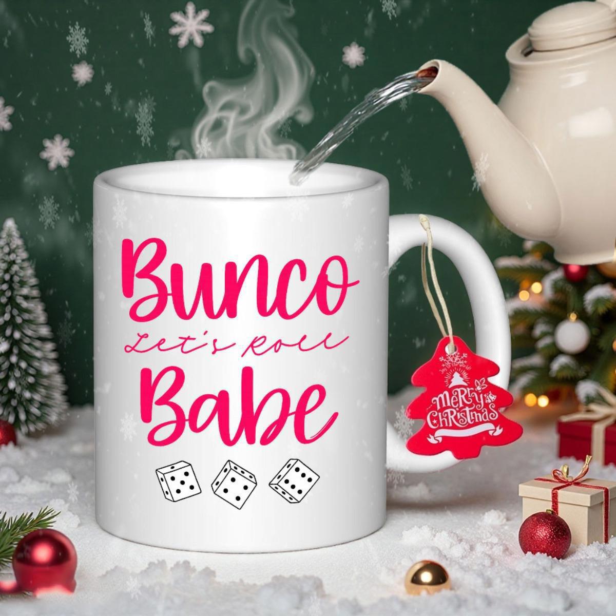 Tailorly White Ceramic 11 oz Mug - Bunco Let's Roll Babe Three Linear White Dice With Playful Pink Calligraphy Script Dice
