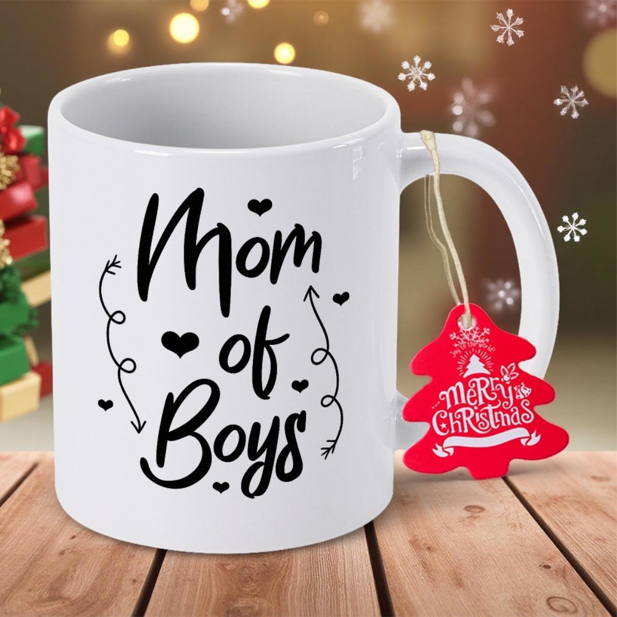 Tailorly White Ceramic 11 oz Mug - Mom Of Boys Elegant Minimalist White Ceramic With Hearts And Arrows Surrounding Script Text Mug