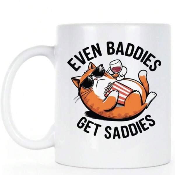 Tailorly White Ceramic 11 oz Mug - Even Baddies Get Saddies Chubby Orange Tabby Wearing Sunglasses Eating Popcorn Drinking Wine Reclining Relaxed Cat