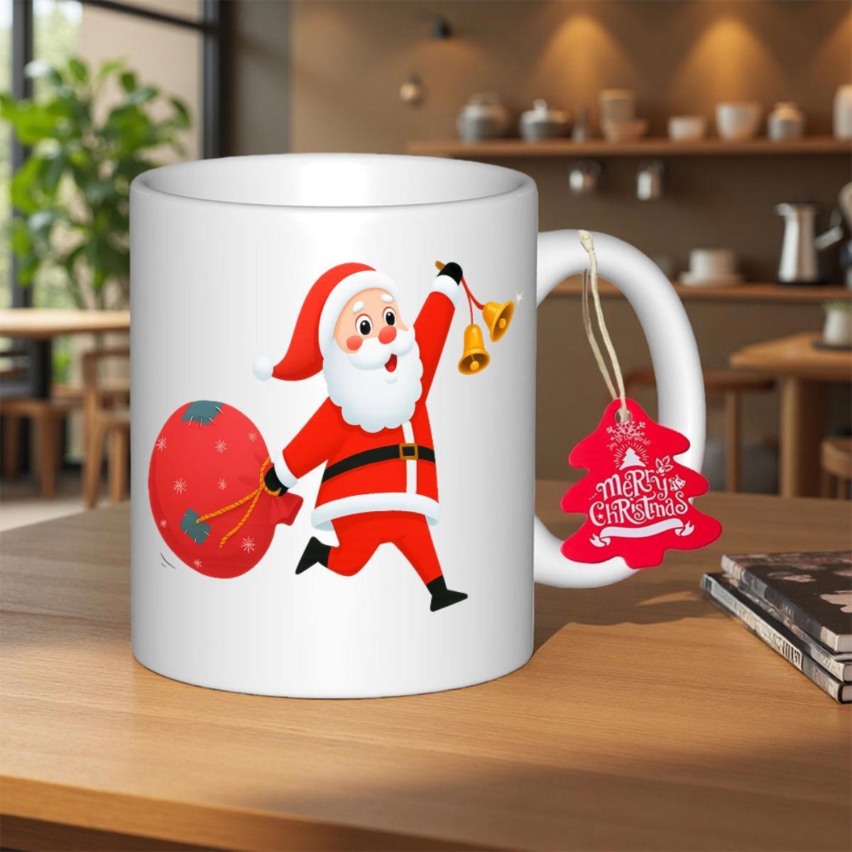 Tailorly White Ceramic 11 oz Mug - Merry Christmas Cheerful Character Carrying A Gift Sack While Ringing Golden Bells Santa Claus
