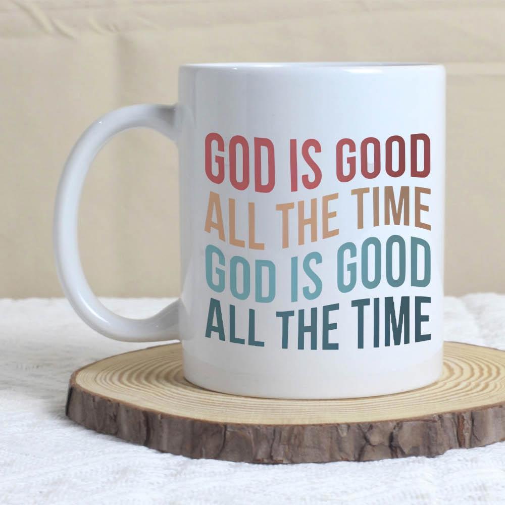 Tailorly White Ceramic 11 oz Mug - God Is Good All The Time Vibrant Retro Colorful Waves Of Inspirational Religious Spiritual Typography Quote