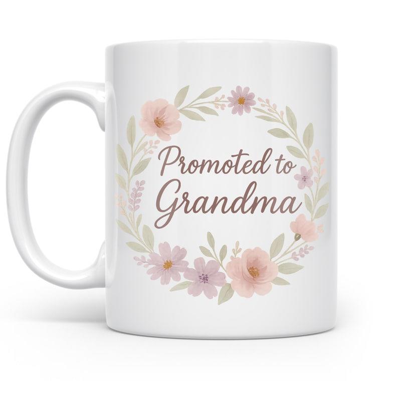 Tailorly White Ceramic 11 oz Mug - Promoted To Grandma Delicate Watercolor Blooming Flowers With Soft Green Leaves Forming A Circular Floral Wreath