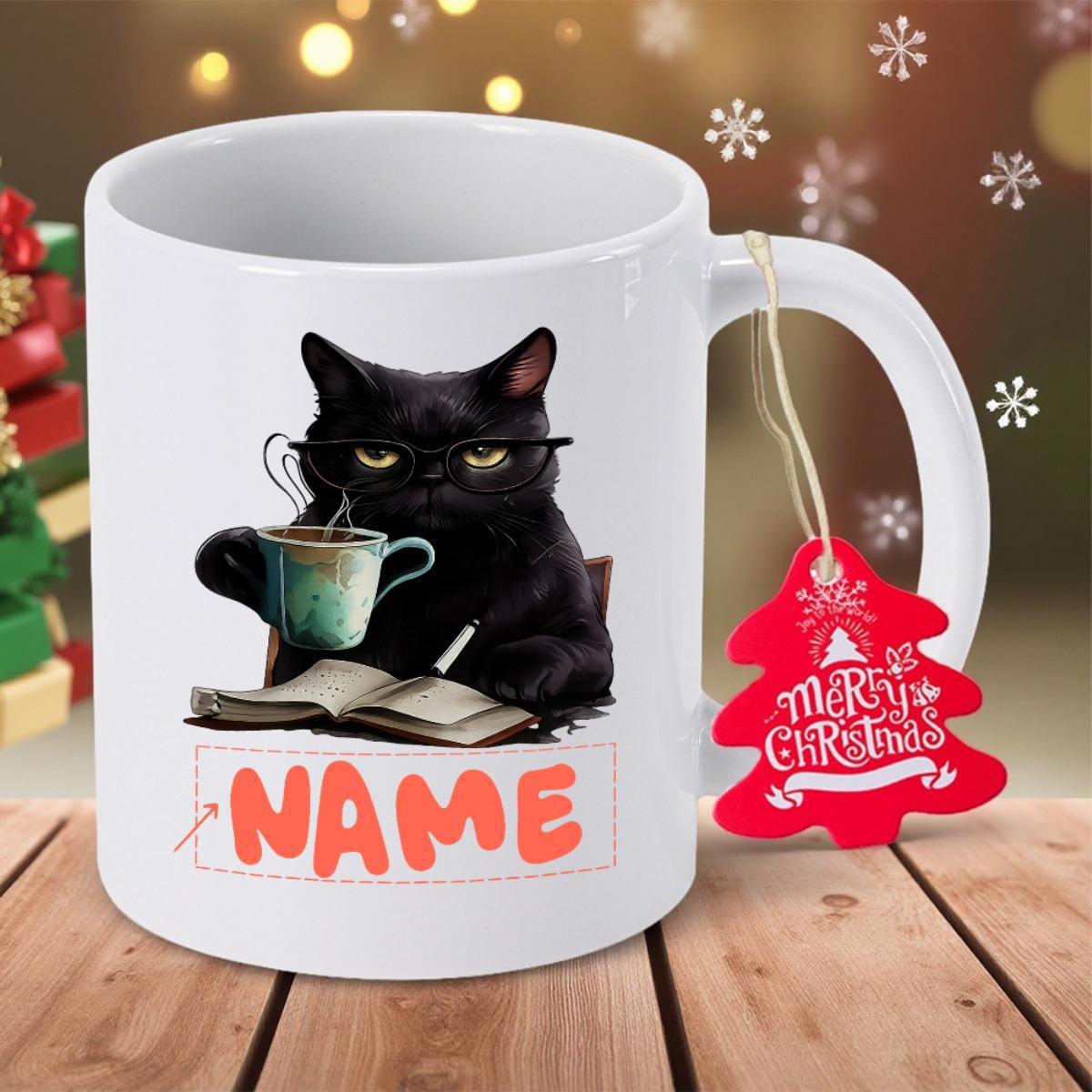 Tailorly White Ceramic 11 oz Mug - Name Merry Christmas Studious Black Cat Wearing Glasses Reading Book And Sipping Warm Coffee Cat