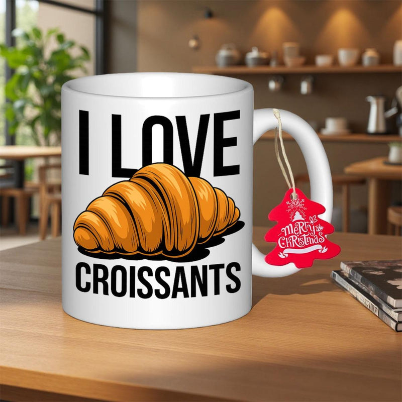 Tailorly White Ceramic 11 oz Mug - I Love Croissants Golden Brown Buttery Flaky Pastry Isolated On A Clean White Croissant