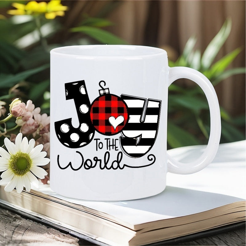 Tailorly White Ceramic 11 oz Mug - Joy To The World Decorative Buffalo Plaid Patterned Holiday Ornament With Elegant Stripes Mug