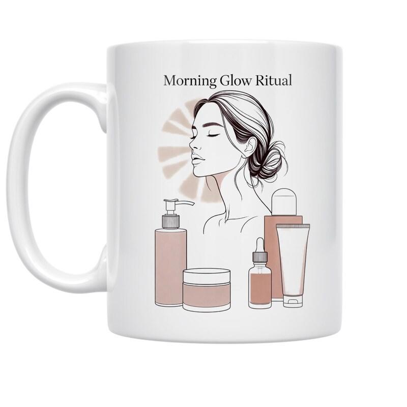 Tailorly White Ceramic 11 oz Mug - Morning Glow Ritual Elegant Minimalist Line Art Featuring Skincare Essentials Surrounding A Radiant Serene Woman