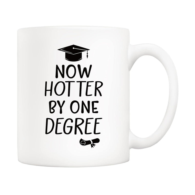Tailorly White Ceramic 11 oz Mug - Now Hotter By One Degree Classic Black Graduation Cap And Rolled Diploma Set Against White Surface Mug