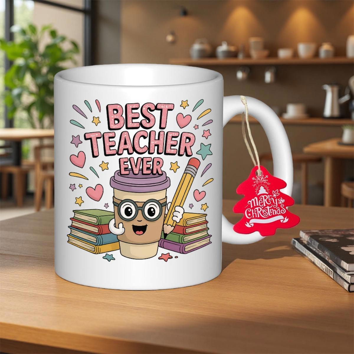 Tailorly White Ceramic 11 oz Mug - Best Teacher Ever Cute Smiling Coffee Cup Character Holding Yellow Pencil Beside Knowledgeable Books Cup