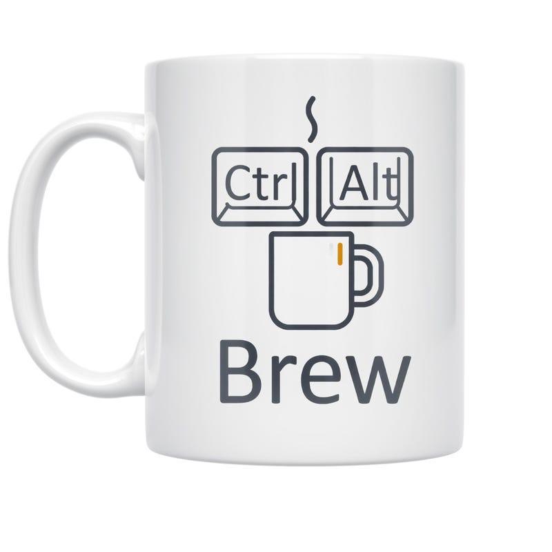Tailorly White Ceramic 11 oz Mug - Ctrl Alt Brew Computer Keyboard Keys Combined With A Steaming Hot Beverage Outline Mug