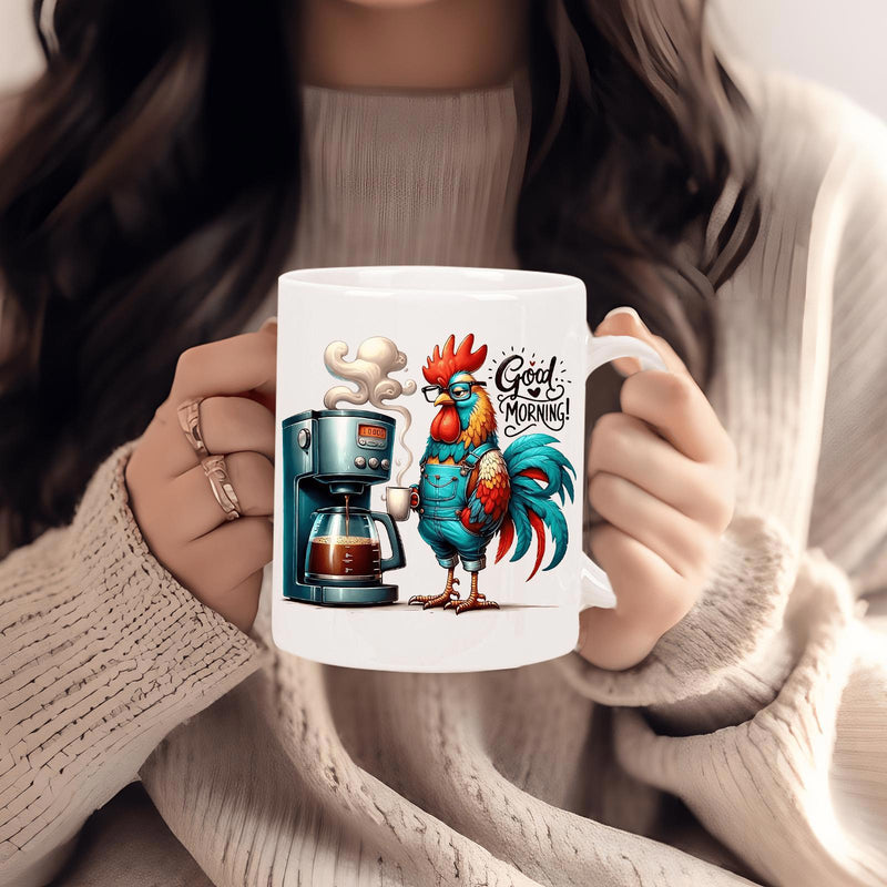 Tailorly White Ceramic 11 oz Mug - Good Morning Vibrant Stylized Character Standing Next To Steaming Coffee Brewing Machine Rooster