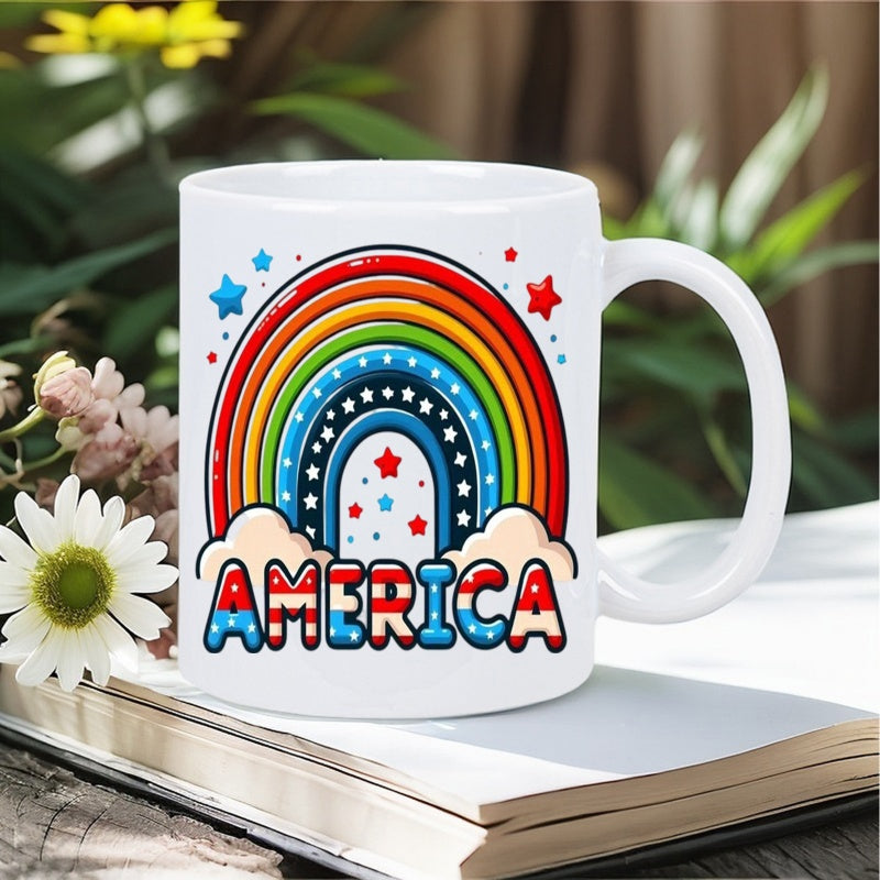 Tailorly White Ceramic 11 oz Mug - America Vibrant Patriotic Rainbow With Sparkling Stars And Soft White Clouds Rainbow