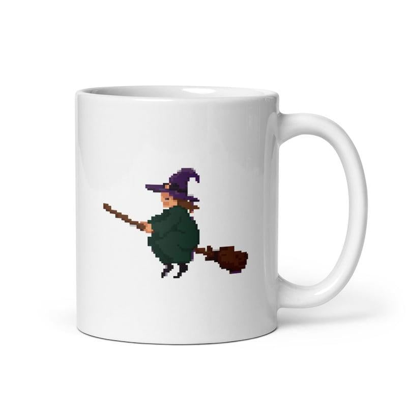 Tailorly White Ceramic 11 oz Mug - Whimsical Pixel Art Style Flying Over The Moonlight On A Wooden Broomstick Witch