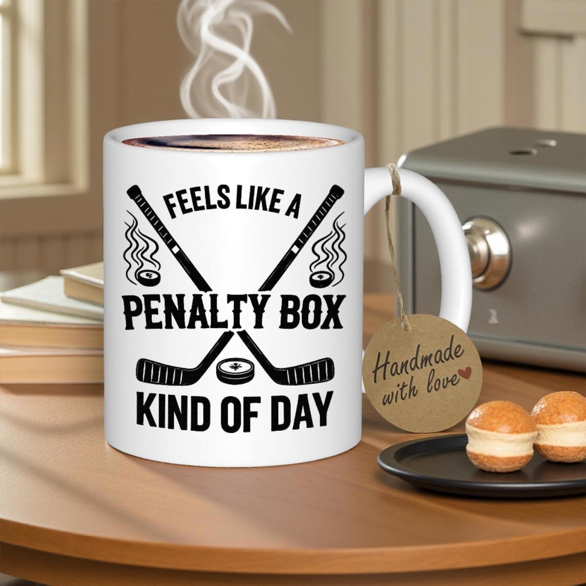 Tailorly White Ceramic 11 oz Mug - Feels Like A Penalty Box Kind Of Day Crossed Sports Equipment With Smoking Pucks And Strong Athletic Energy Design Hockey Sticks