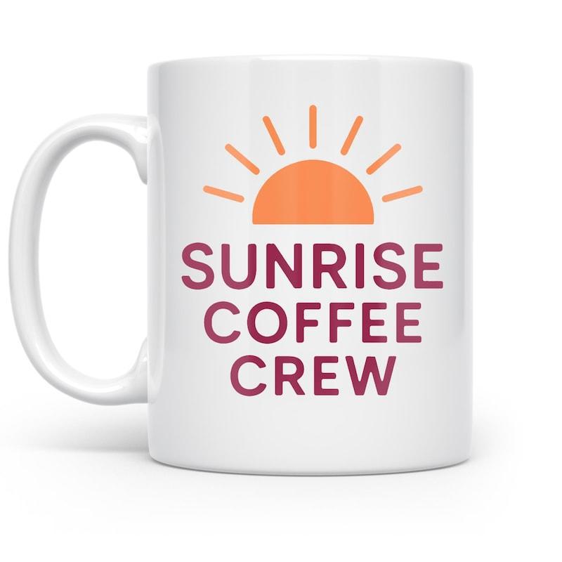 Tailorly White Ceramic 11 oz Mug - Sunrise Coffee Crew Vibrant Orange Morning Glow Rising Behind Simple Geometric Rays Sun