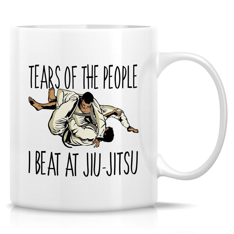 Tailorly White Ceramic 11 oz Mug - Tears Of The People I Beat At Jiu Jitsu Two Skilled Martial Artists Grappling In Traditional White Gis On Ground Fighters