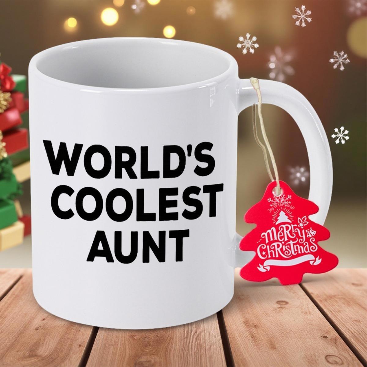 Tailorly White Ceramic 11 oz Mug - World's Coolest Aunt White Ceramic Vessel With Black Bold Lettering And Red Festive Tag Mug