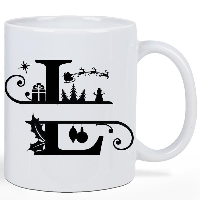 Tailorly White Ceramic 11 oz Mug - Festive Christmas Silhouette With Santa Sleigh And Pine Trees Monogram