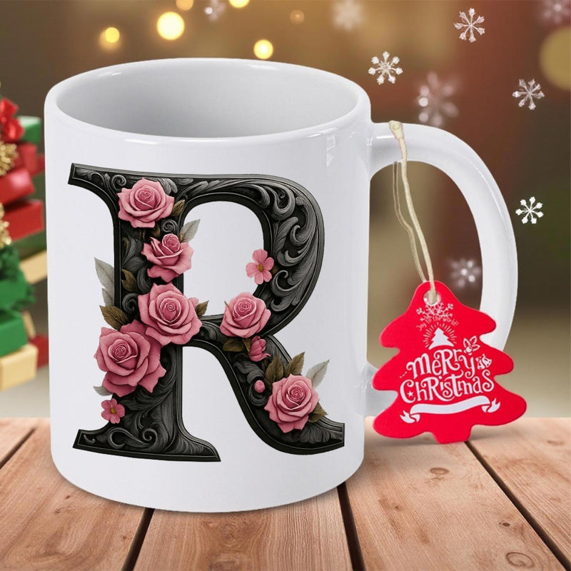 Tailorly White Ceramic 11 oz Mug - R Merry Christmas Ornate Black Letter Decorated With Elegant Blooming Pink Roses And Leaves Mug
