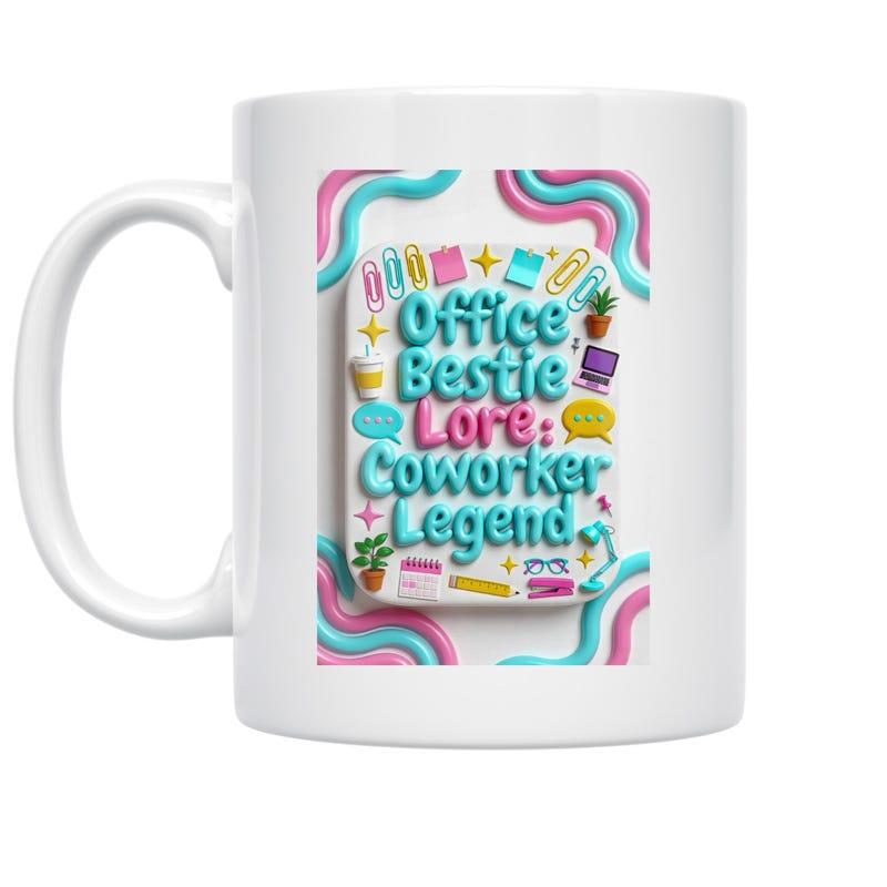 Tailorly White Ceramic 11 oz Mug - Office Bestie Lore Coworker Legend Soft Pastel Three Dimensional Office Elements Floating Among Artistic Wavy Textures Mug
