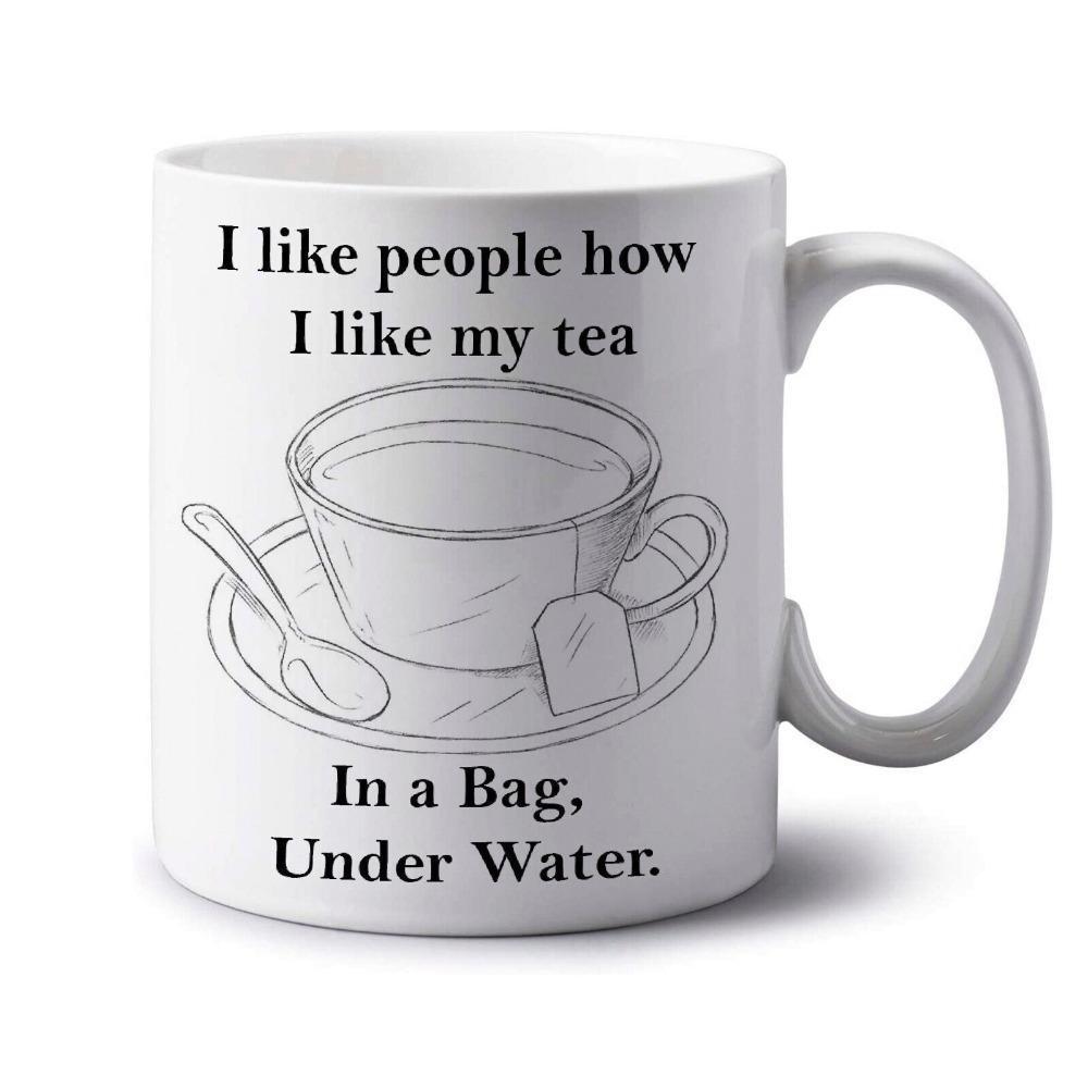 Tailorly White Ceramic 11 oz Mug - I Like People How I Like My Tea In A Bag Under Water Simple Minimalist Line Drawing Of A Steaming Cup With Spoon And Saucer