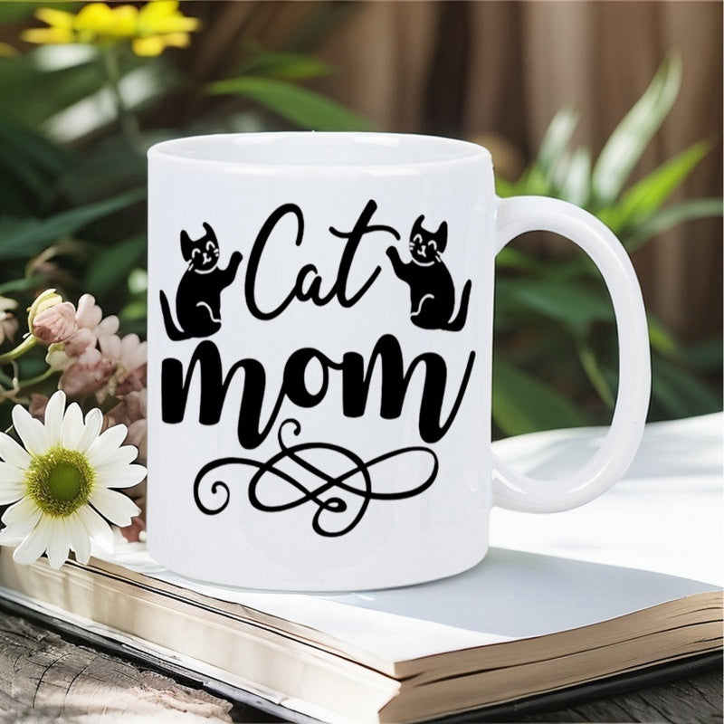 Tailorly White Ceramic 11 oz Mug - Cat Mom Minimalist Black Silhouette Feline Figures With Decorative Swirling Flourish Elegant Script Cat