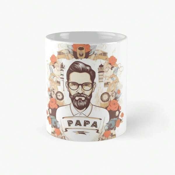 Tailorly White Ceramic 11 oz Mug - Papa Stylish Bearded Gentleman With Vintage Floral Accents And Decorative Elements Man