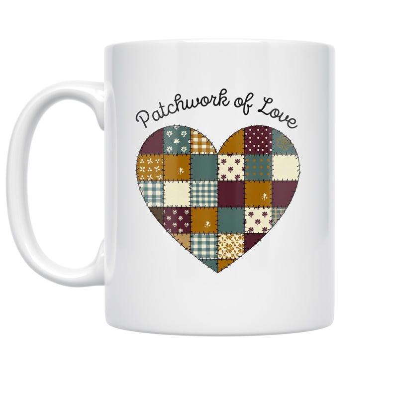 Tailorly White Ceramic 11 oz Mug - Patchwork Of Love Vibrant Colorful Quilt Patterns Arranged Within A Large Symbolic Symmetric Heart