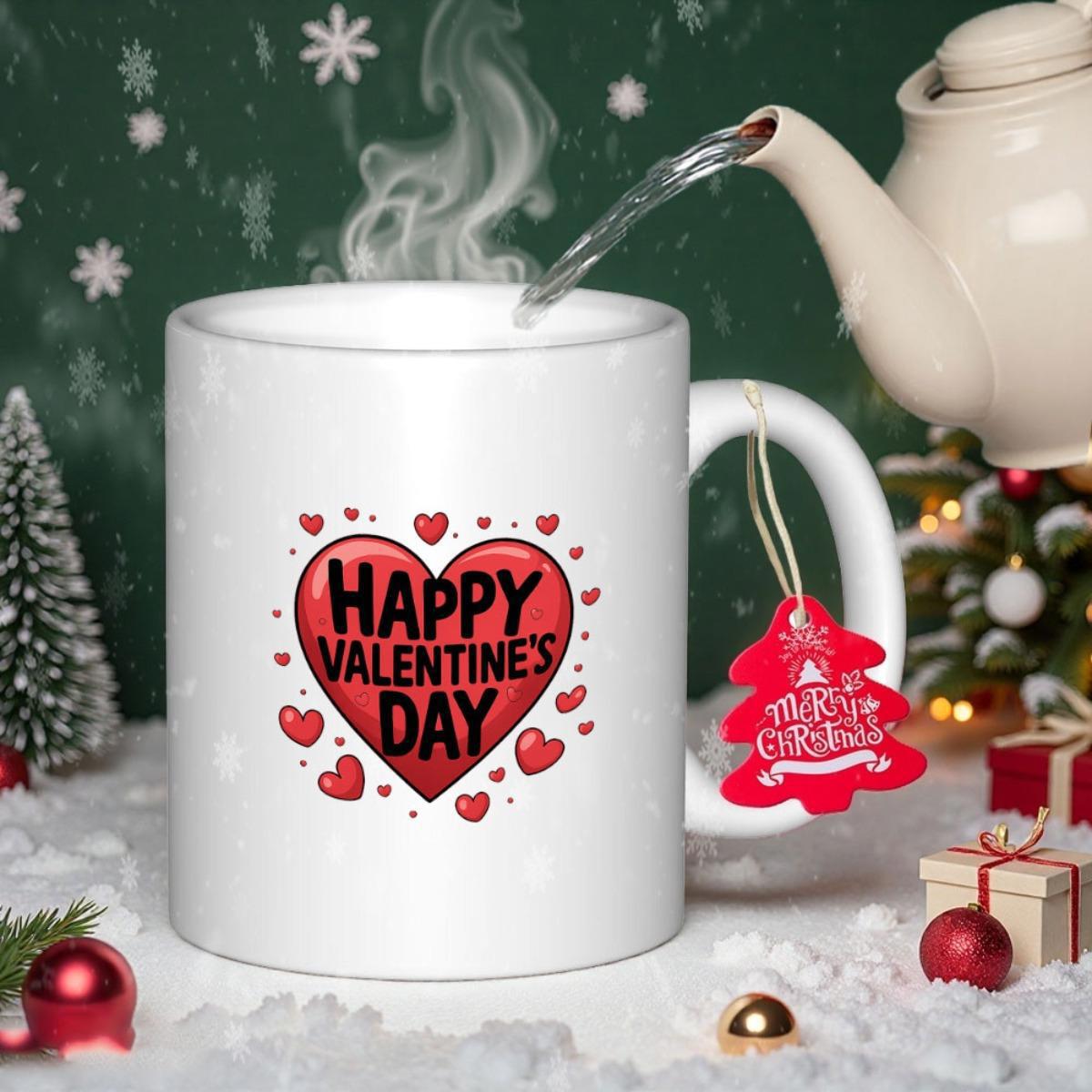 Tailorly White Ceramic 11 oz Mug - Happy Valentines Day Red Heart Floating Among Tiny Hearts On A Clean Surface Heart