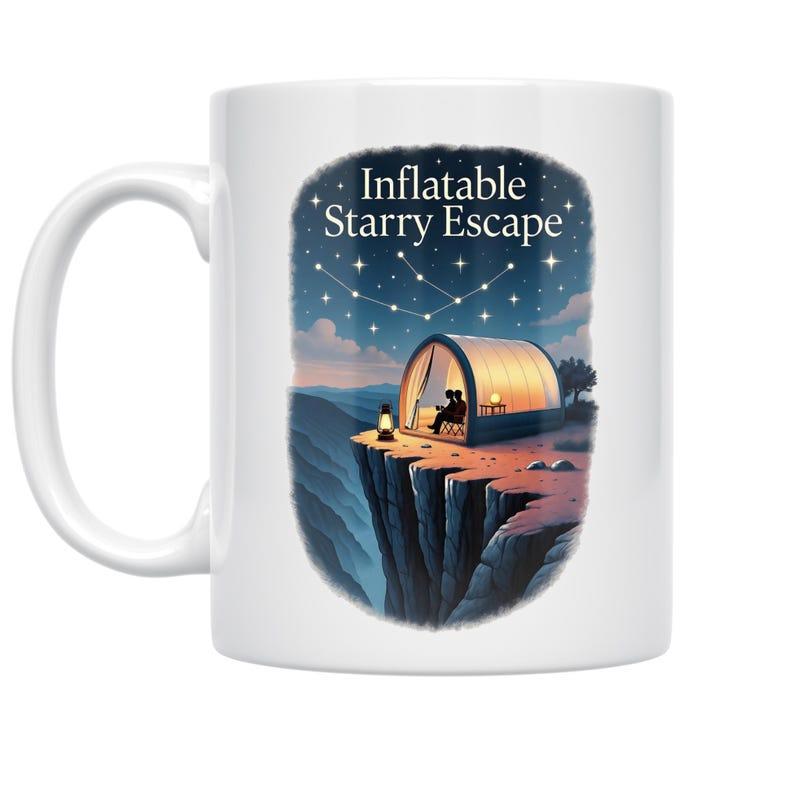 Tailorly White Ceramic 11 oz Mug - Inflatable Starry Escape Glowing Under The Night Stars Perched High On A Steep Rocky Cliff Tent