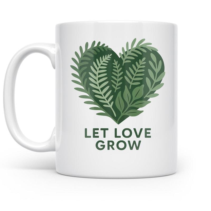 Tailorly White Ceramic 11 oz Mug - Let Love Grow Vibrant Green Foliage Arranged In A Heart Shape With Delicate Leaves Heart