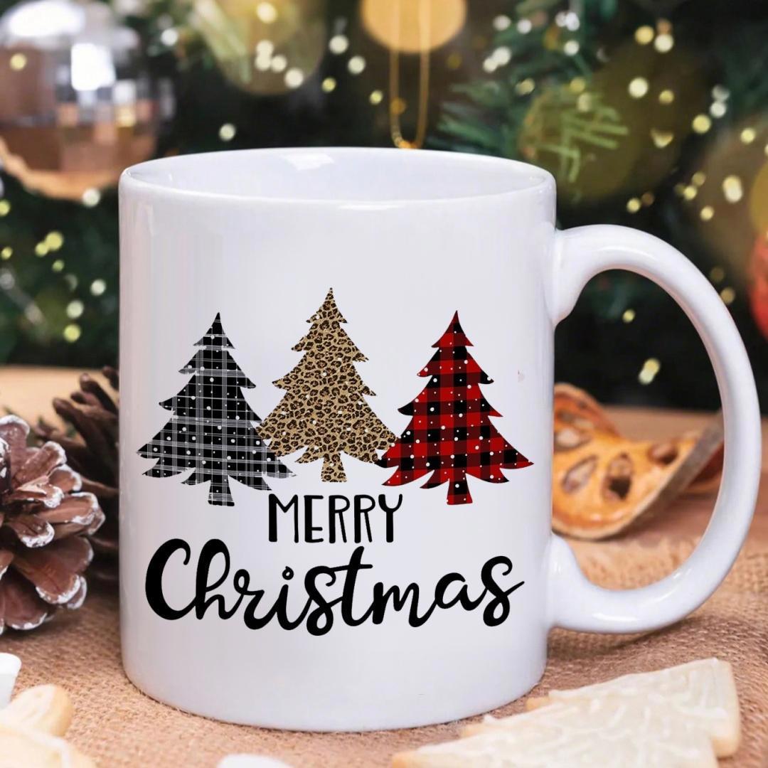 Tailorly White Ceramic 11 oz Mug - Merry Christmas Three Decorative Trees With Buffalo Plaid And Leopard Print Pattern Tree