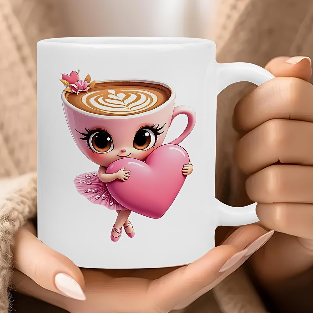 Tailorly White Ceramic 11 oz Mug - Adorable Pink Ballerina Cup Wearing Tutu Holding Large Heart With Latte Art Character