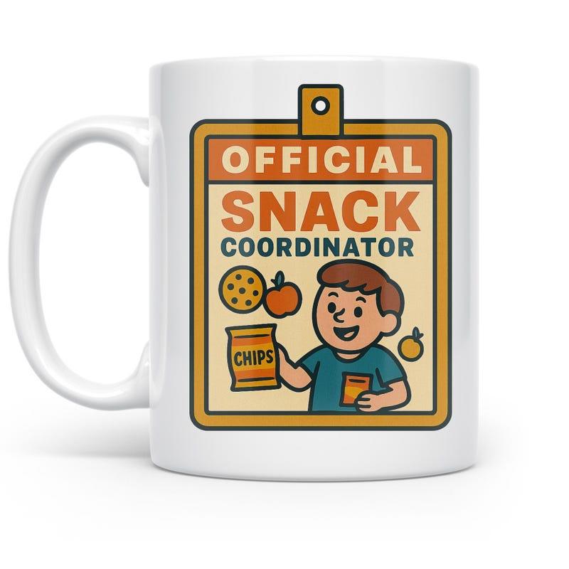 Tailorly White Ceramic 11 oz Mug - Official Snack Coordinator Smiling Young Boy With Delicious Snacks Framed Within Rectangular Clipboard Coordinator