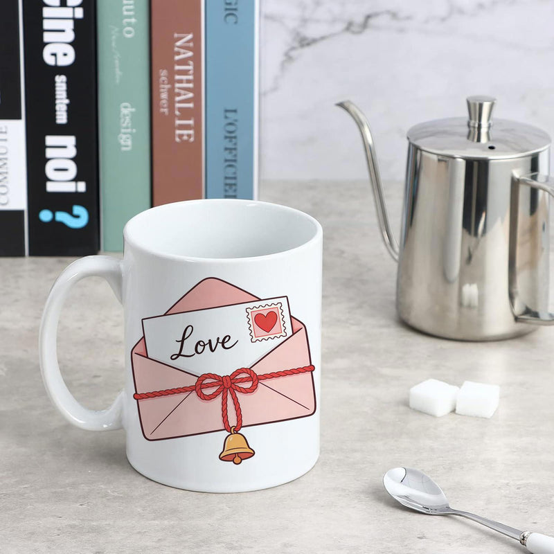 Tailorly White Ceramic 11 oz Mug - Love Charming Pink Letter With Red Heart Stamp And Golden Jingle Bell Envelope