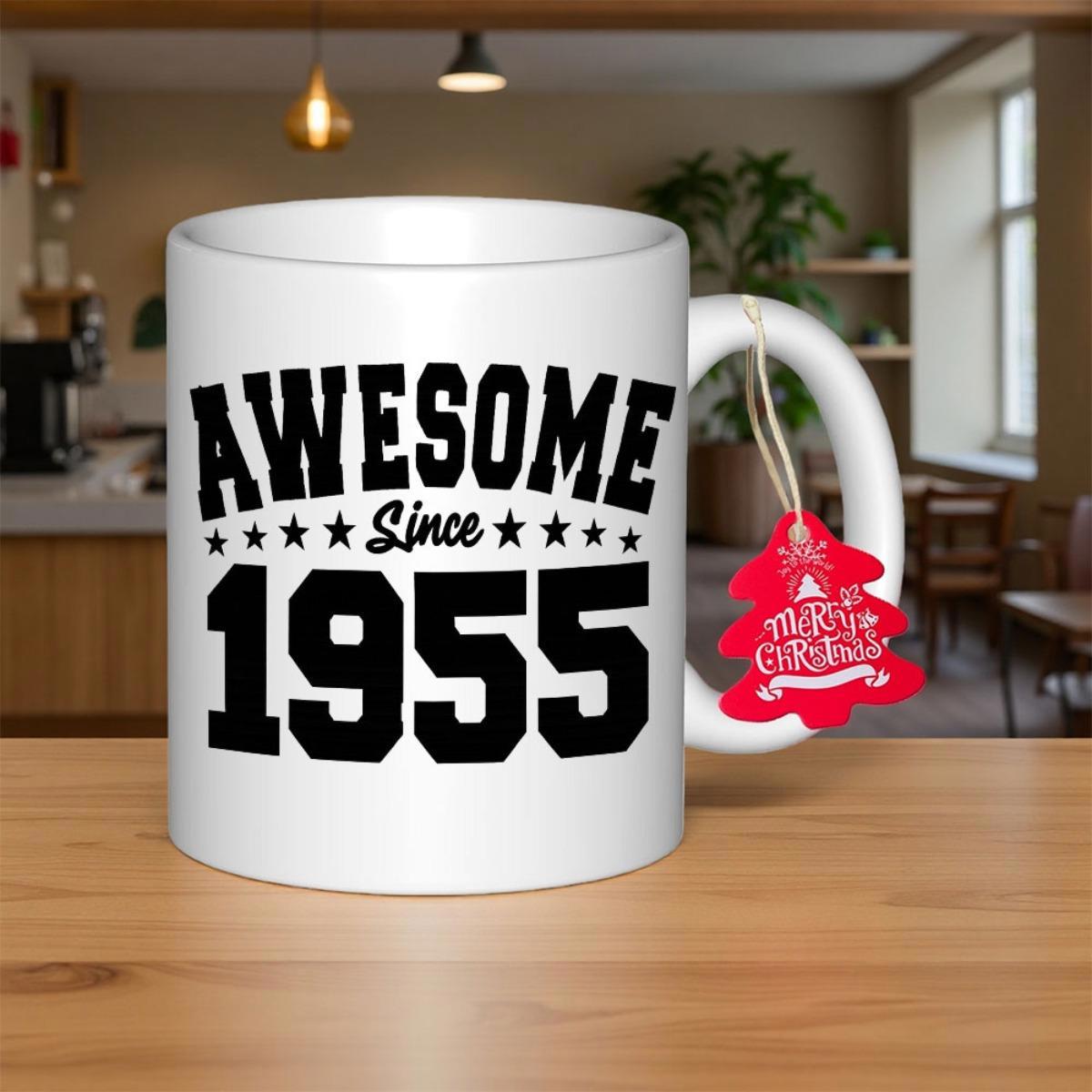 Tailorly White Ceramic 11 oz Mug - Awesome Since 1955 Bold Black Athletic Typography Decorated With Small Stars Mug
