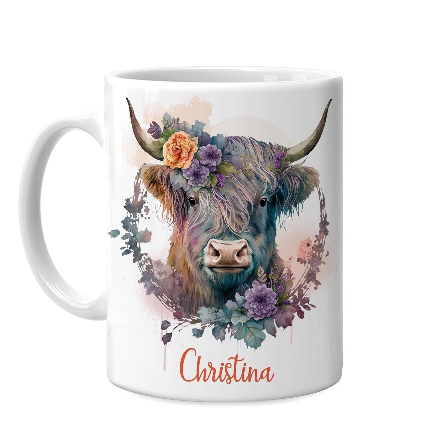 Tailorly White Ceramic 11 oz Mug - Christina Beautiful Watercolor Portrait Of A Fluffy Highland Cow With Blooming Floral Wreath Cow