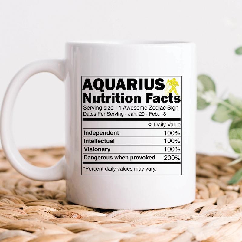 Tailorly White Ceramic 11 oz Mug - Aquarius Nutrition Facts Minimalist Black And White Nutritional Label Design Featuring Astrological Characteristics Mug
