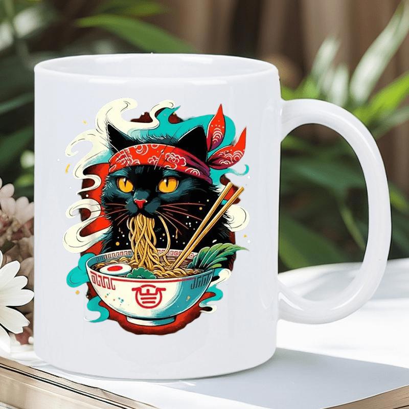 Tailorly White Ceramic 11 oz Mug - Charming Black Cat Enjoying Hot Ramen Noodles Under Swirling Decorative Steam Cat