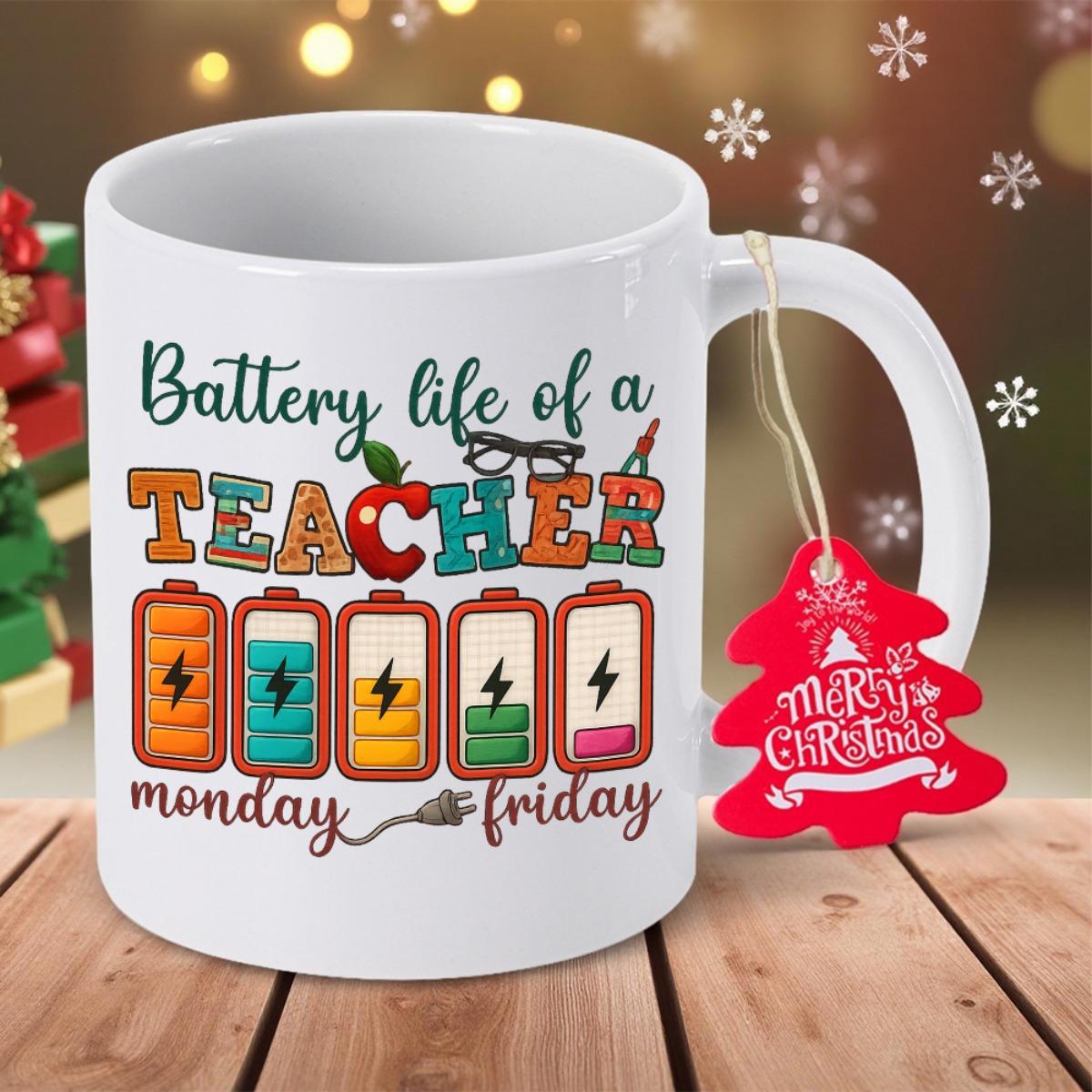 Tailorly White Ceramic 11 oz Mug - Battery Life Of A Teacher Monday Friday Depicting Energy Levels Through Colorful Icons For A Dedicated Teacher