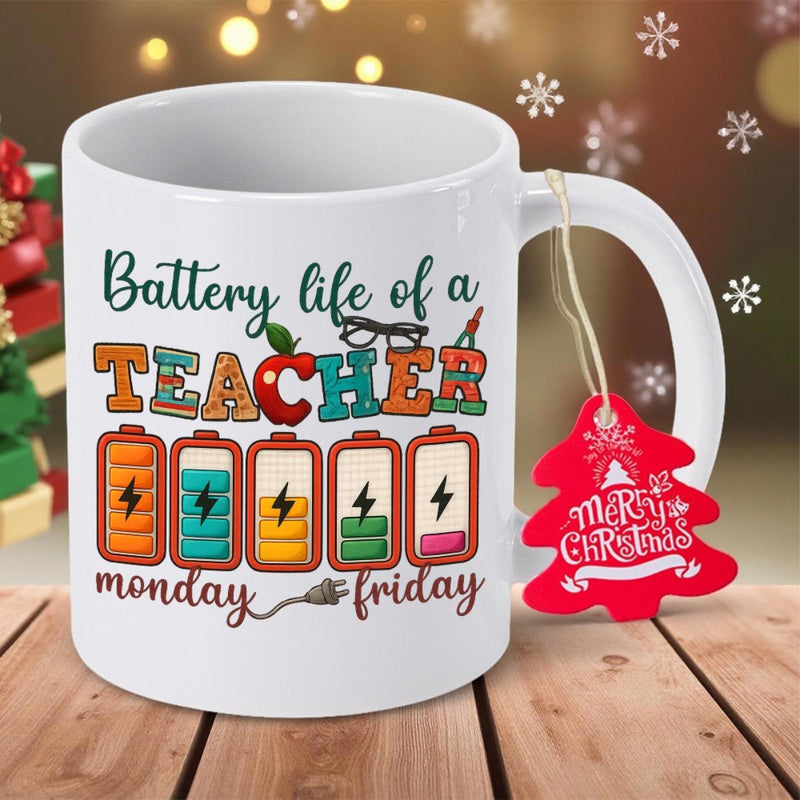 Tailorly White Ceramic 11 oz Mug - Battery Life Of A Teacher Monday Friday Depicting Energy Levels Through Colorful Icons For A Dedicated Teacher