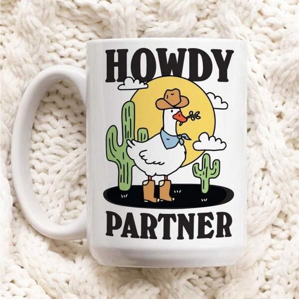 Tailorly White Ceramic 11 oz Mug - Howdy Partner Charming Western Fowl Wearing Hat And Boots Among Desert Cacti Goose